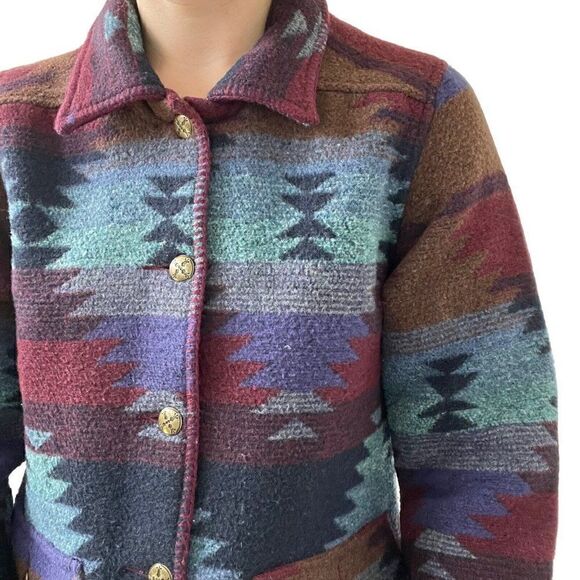 Vintage 90s Womens Wool Blend Aztec Southwestern Bohemian Fleece Jacket Sz L - Picture 6 of 9